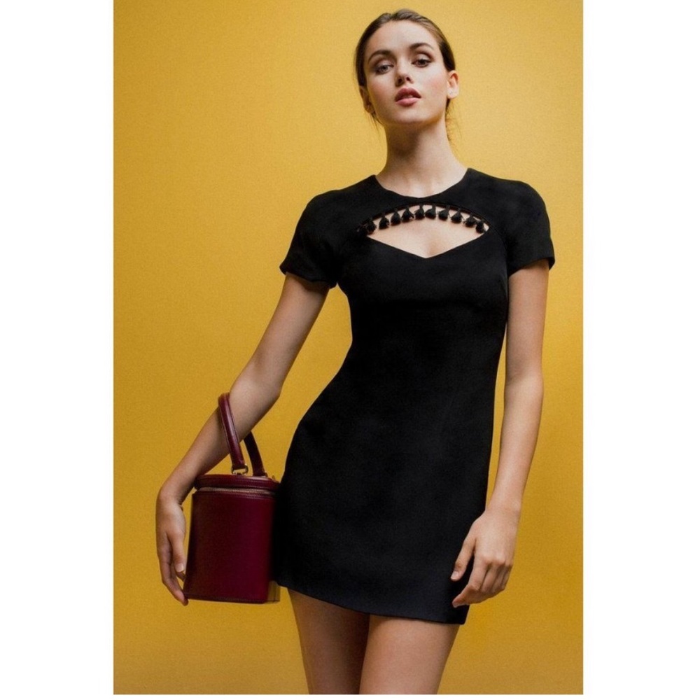 $350 NWT Staud Black Cut Out Front Tassels Dress Large mini Cutout
